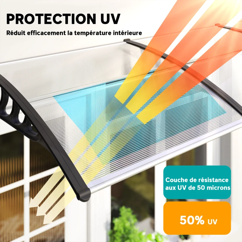 Outsunny Auvent de porte toit marquise en polycarbonate auvent de porte d'entrée bord en aluminium contre la pluie et UV