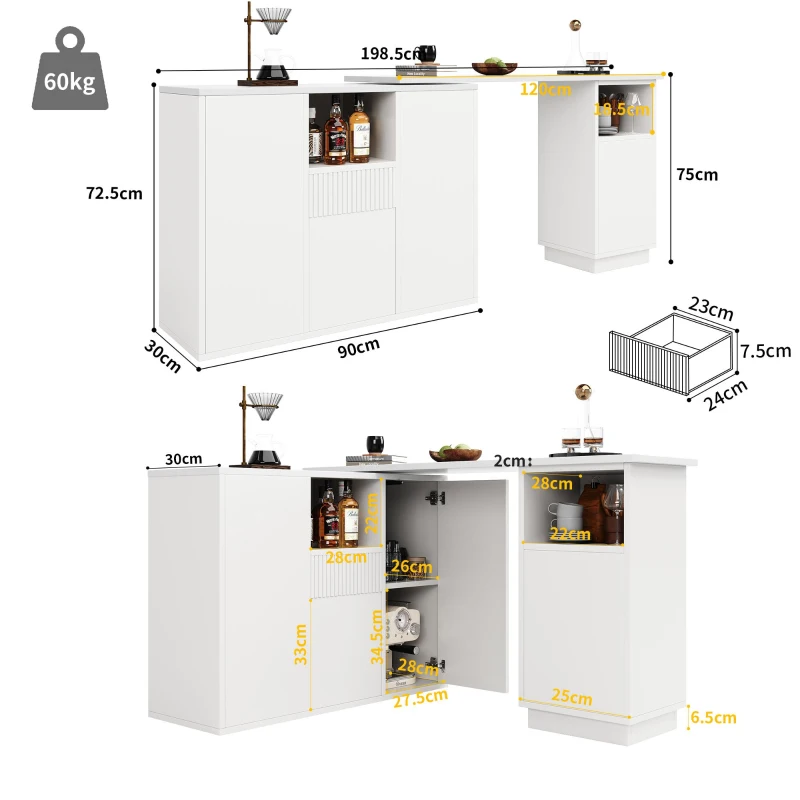 360° Swivelling Bar Table with Marble Worktop, Open Storage Compartments, Ideal for Kitchen, Living Room, 198.5L x 30W x 72.5H cm, White