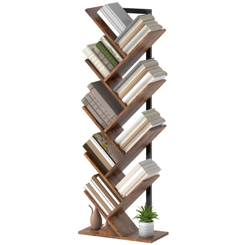 HOMCOM Étagère à Livres Bibliothèque avec 9 Étagères en Forme d'Arbre pour Bureau, Marron Rustique