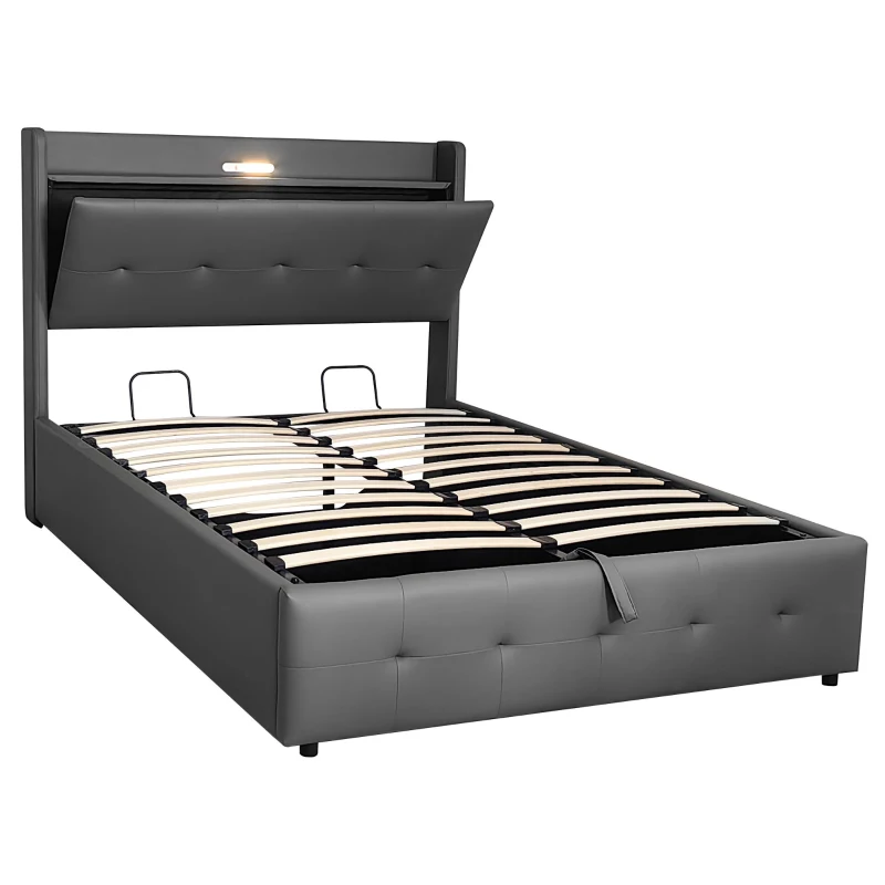 King Upholstered Bed Frame with Hydraulic Storage, LED Light, PU Leather Ottoman Bed with Charging Station, 217L x 152W x 115H cm, Grey