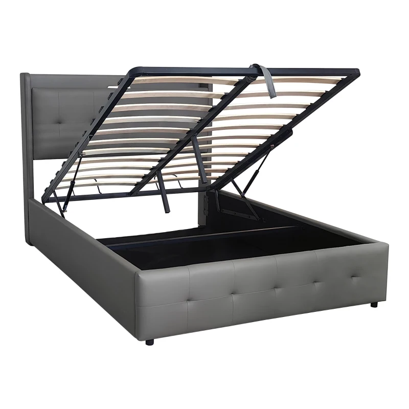 King Upholstered Bed Frame with Hydraulic Storage, LED Light, PU Leather Ottoman Bed with Charging Station, 217L x 152W x 115H cm, Grey