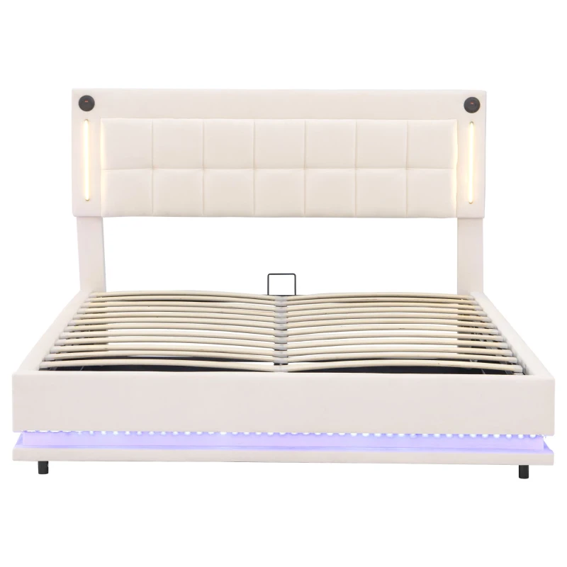 King Size LED Hydraulic Bed with Charging Station, Adjustable Tufted Headboard, Space-Saving Design for Bedroom, 206L x 151W x 105H cm, Beige