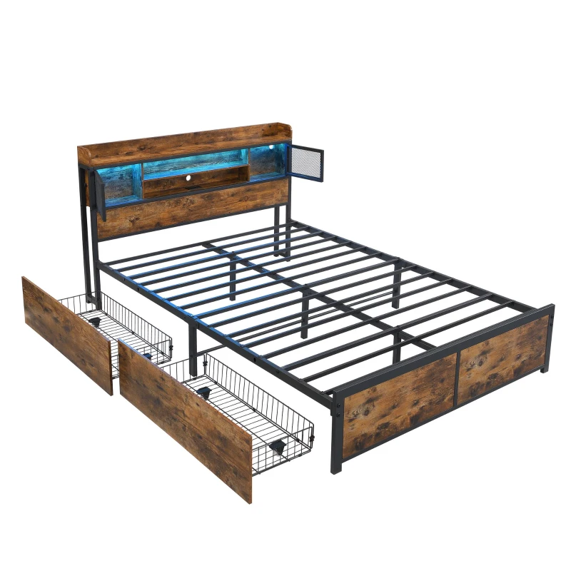 Metal Double Bed with LED Light Strip, 2 Drawers and USB Charging Ports, Sturdy Iron Frame, 207L x 135.5W x 83.5H cm, Black