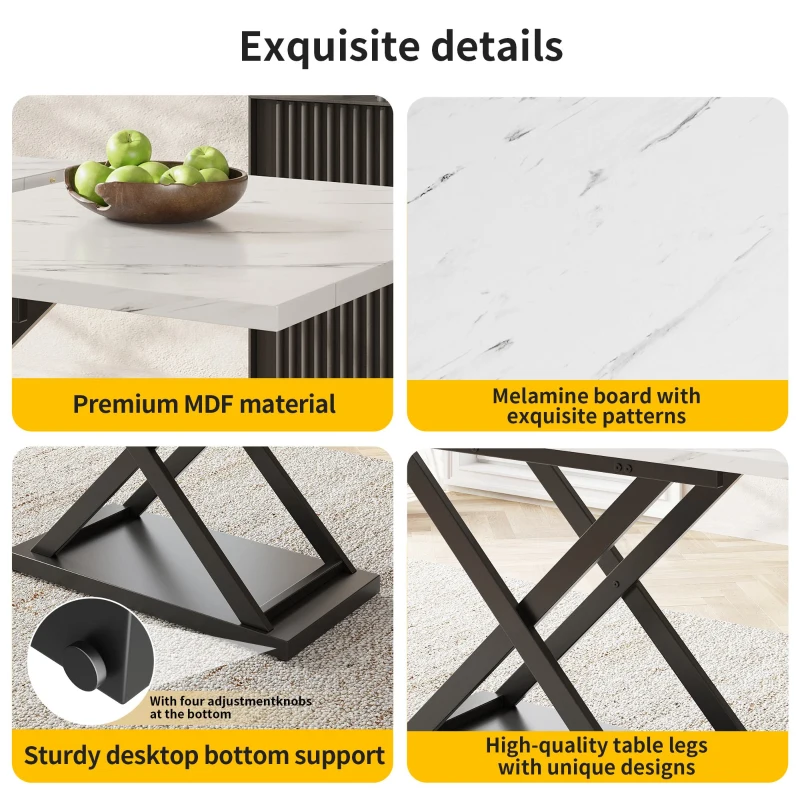 Telescopic Dining Table with Extendable MDF Top and Crossed Iron Legs, Space-Saving Design for Kitchen, 120L x 80W x 75H cm, White+Black