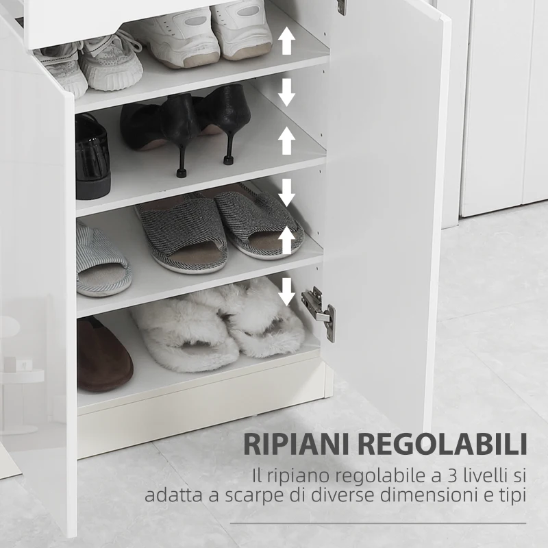 HOMCOM Scarpiera Slim da 12 Paia max per Ingressi con 3 Ripiani Regolabili e Cassetto, in Truciolato Bianco, 60x32x100 cm