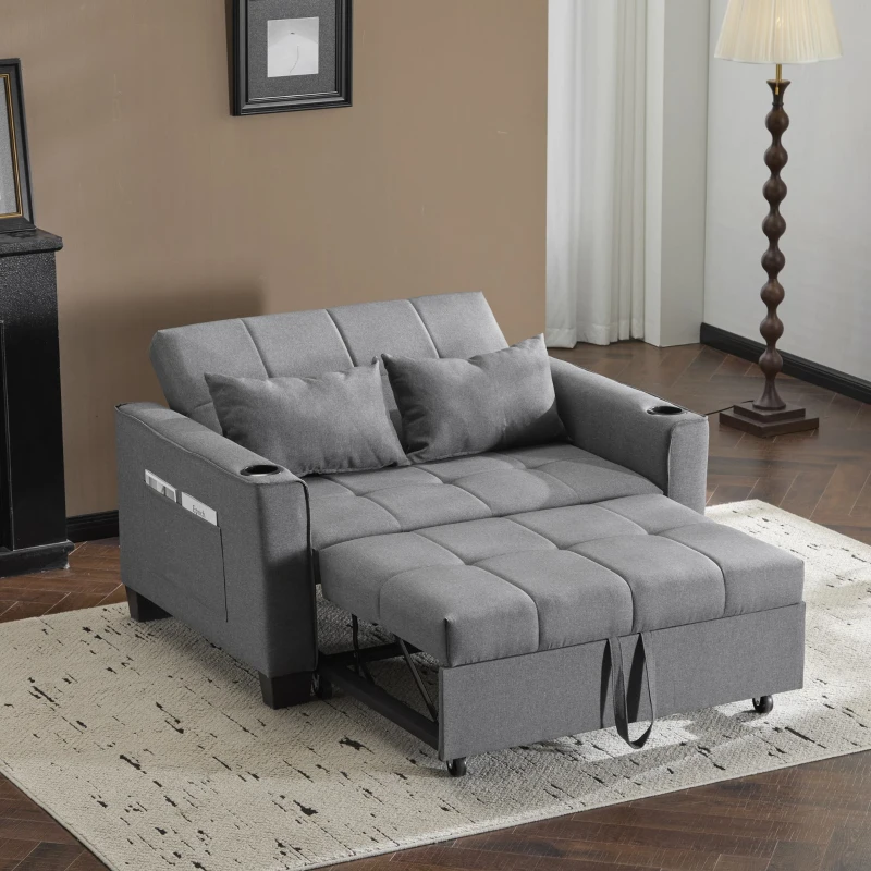 2 Seater Sofa Bed with Cup Holders, Convertible Fabric Sofa Chair with Adjustable Backrest and Storage Pockets, 140L x 96W x 97H cm, Gray