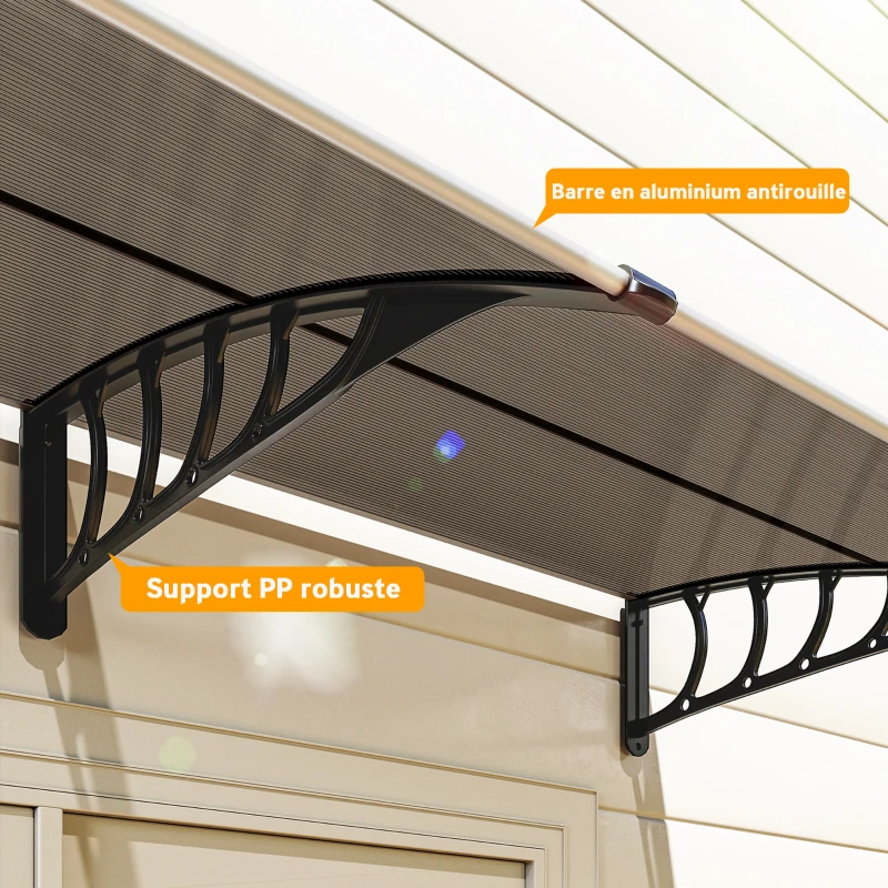 Outsunny Auvent de porte toit marquise en polycarbonate auvent de porte d'entrée bord en aluminium contre la pluie et UV
