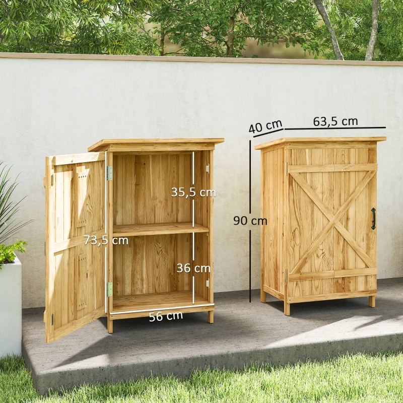 Outsunny Armário de Jardim em Madeira 63,5x40x90 cm Armário de Exterior para Armazenamento de Ferramentas com 2 Prateleiras Madeira