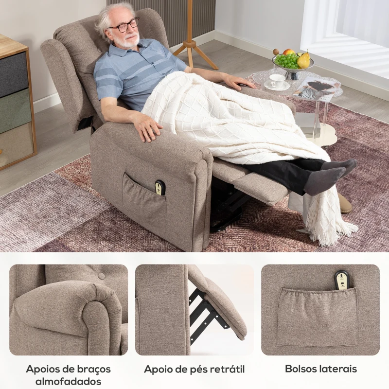 HOMCOM Poltrona Relax Reclinável Elétrica Poltrona Elevatória com Encosto Alto Capitonê Controlo Remoto 85x91x103 cm Marrom Claro