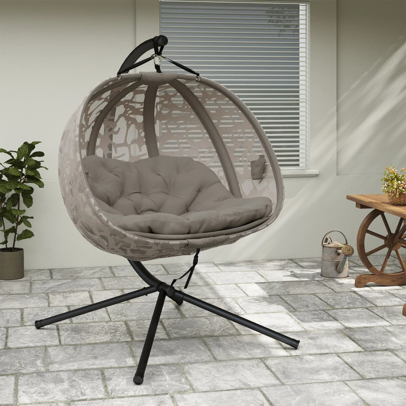 Outsunny Poltrona Sospesa 2 Posti con 2 Tasche, 2 Cuscini e Cesto Pieghevole, 130x103x172 cm