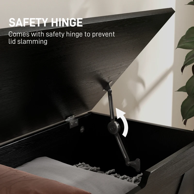 HOMCOM 100L Home Storage Box, with Safety Hinges - Black Wood-Effect