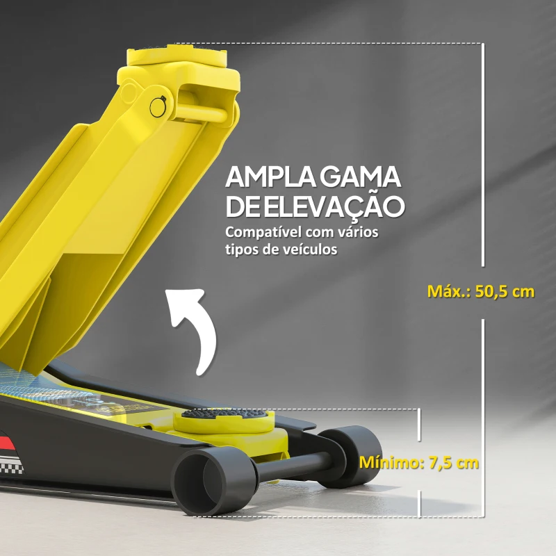 HOMCOM Macaco Hidráulico para Carro Altura de Elevação 7,5-50,5 cm com Bomba de Pistão Duplo para Reparação e Troca de Pneus Amarelo