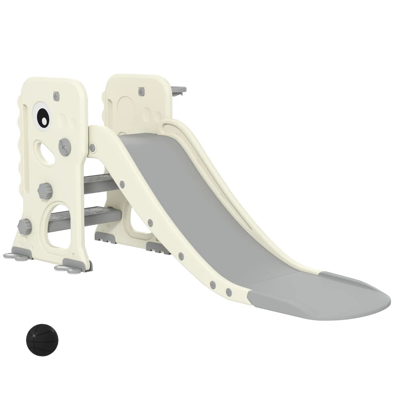 AIYAPLAY Scivolo per Bambini Pieghevole con Canestro e Palla da Basket, in PP e HDPE, 146x52x65 cm, Grigio e Crema