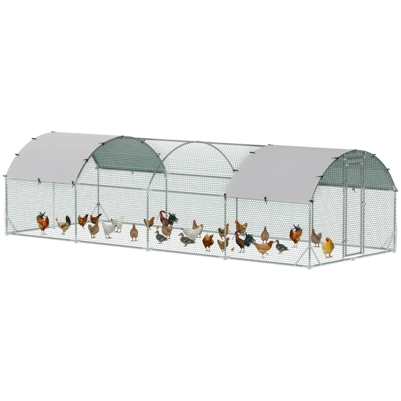 PawHut Galinheiro para Exterior para 16-24 Galinhas de Aço Galvanizado com Teto de Tecido Oxford 2,8x7,60x1,97 m Prata