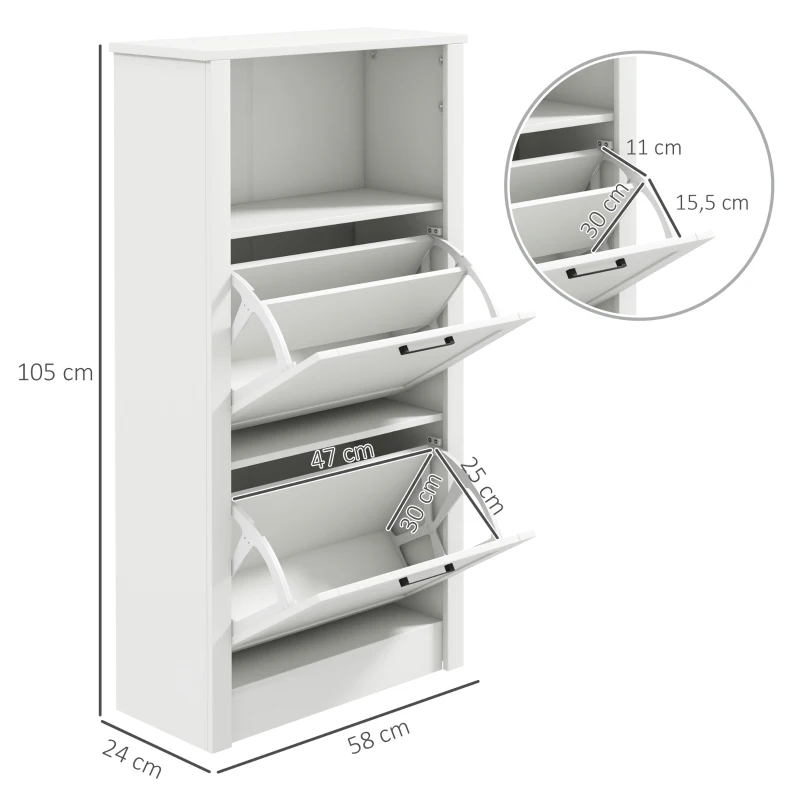 HOMCOM Zapatero Estrecho con 2 Puertas Estantes Ajustables y Compartimento Abierto para 10 Pares de Zapatos 58x24x105 cm Blanco