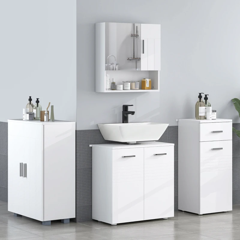 kleankin Mueble para Debajo del Lavabo Armario de Baño de Pared con 2 Puertas y Estante Interior Ajustable Estilo Moderno 60x30x62,5 cm Blanco