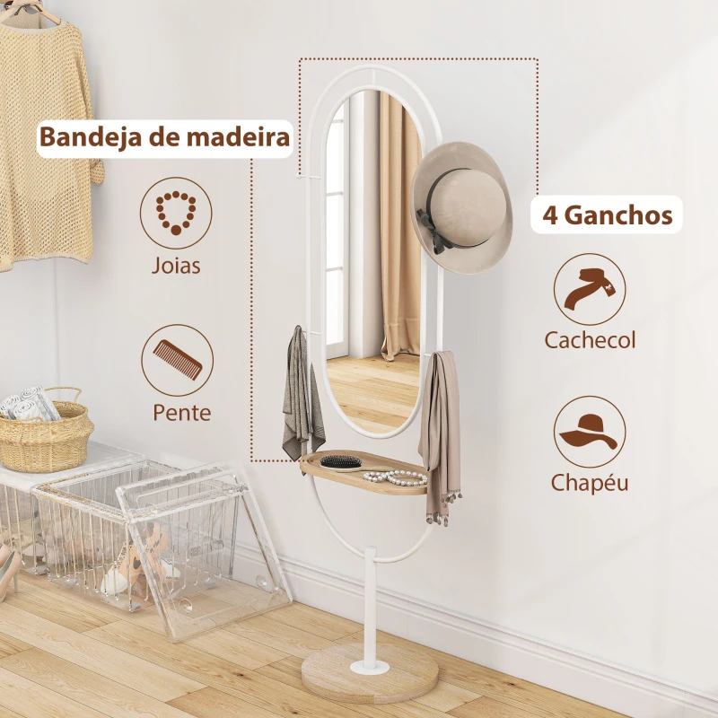 HOMCOM Espelho de Pé 50x175,5 cm Espelho de Corpo Inteiro com Bandeja de Madeira 4 Ganchos e Estrutura de Metal 50x40x175,5 cm Branco
