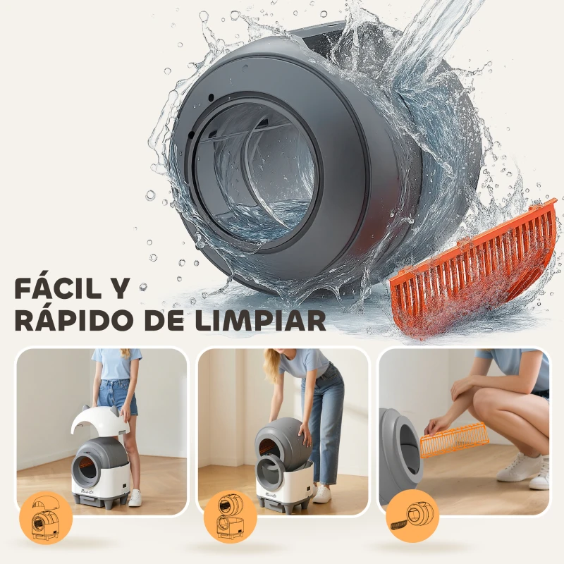 PawHut Arenero Gatos Autolimpiable 80L Eliminación de Olores Control de APP Protección de Seguridad 1 Rollo de Bolsas de Basura