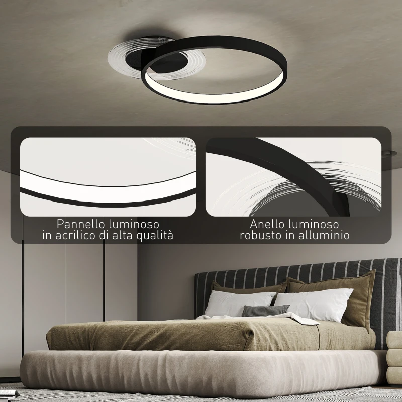 HOMCOM Plafoniera LED Moderna a 2 Anelli con Temperatura Colore Regolabile, Potenza 30W, Nero