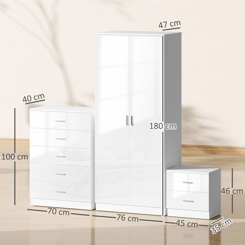 HOMCOM High Gloss 3 Piece Trio Bedroom Furniture Set Wardrobe + Chest Of Drawer + Bedside White