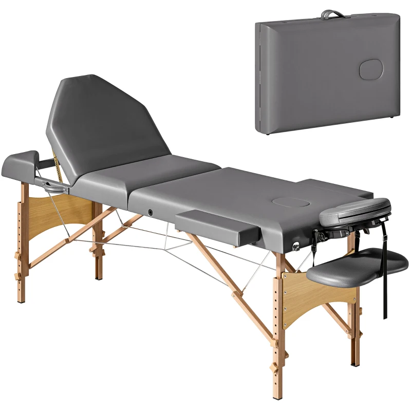 HOMCOM Marquesa de Massagem Dobrável Portátil com Altura Ajustável Apoio de Cabeça Apoios de Braço Acolchoados 215x60x64-89 cm Cinza