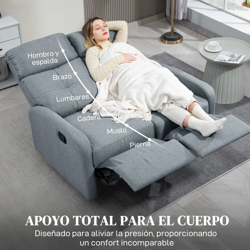 HOMCOM Sofá de 2 Plazas Reclinable Manual Tapizado en Lino con Reposapiés y Acolchado Grueso 118x95x101 cm Gris