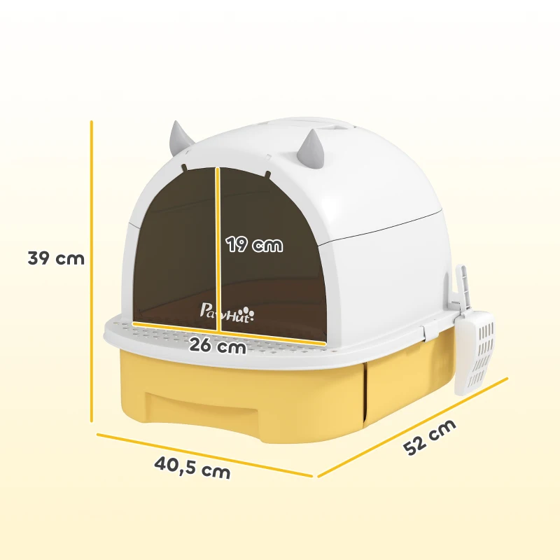 PawHut Caixa de Areia para Gatos Fechada com Tampa e Bandeja Amovíveis Filtro de Carvão e Pá 40,5x52x39 cm Branco e Amarelo