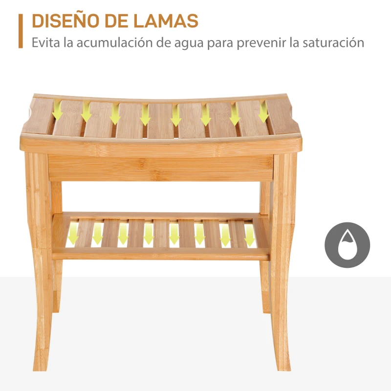HOMCOM Taburete de Baño de Bambú con Estante Banco de Baño Impermeable y Robusta para Salón SPA 47,5x26x44,5 cm Natural