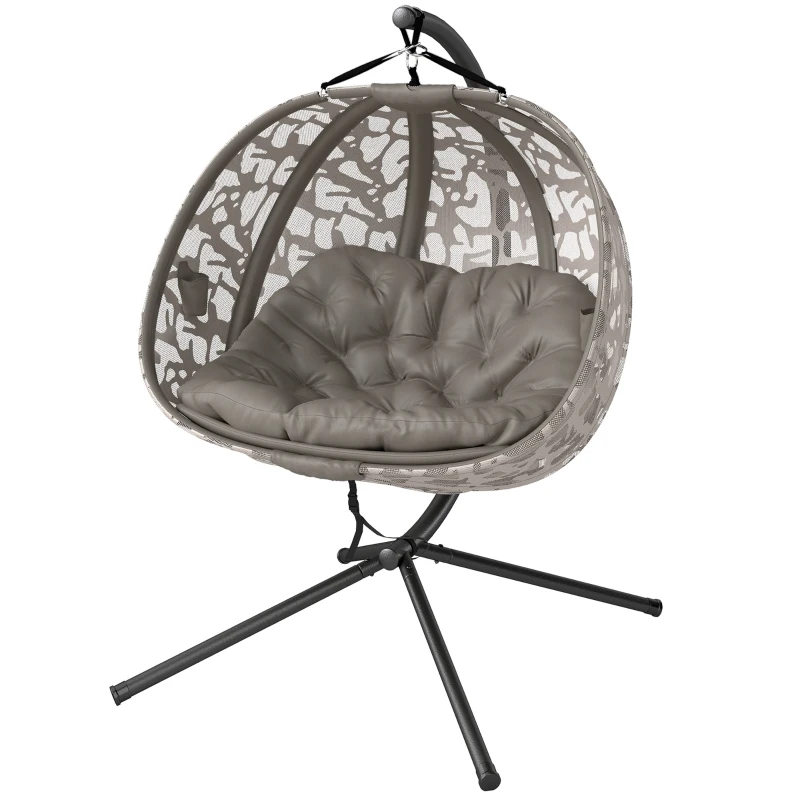 Outsunny Poltrona Sospesa 2 Posti con 2 Tasche, 2 Cuscini e Cesto Pieghevole, 130x103x172 cm