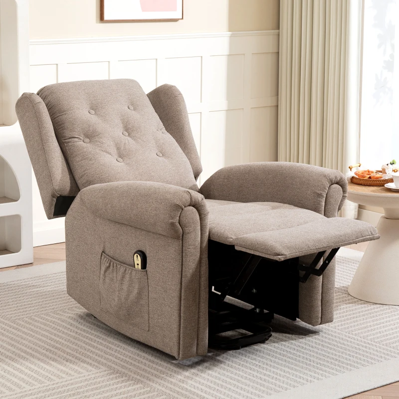 HOMCOM Poltrona Relax Reclinável Elétrica Poltrona Elevatória com Encosto Alto Capitonê Controlo Remoto 85x91x103 cm Marrom Claro