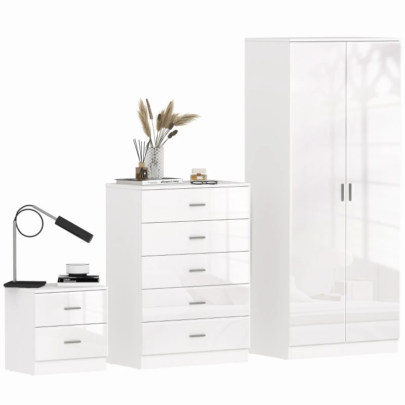 HOMCOM High Gloss 3 Piece Trio Bedroom Furniture Set Wardrobe + Chest Of Drawer + Bedside White