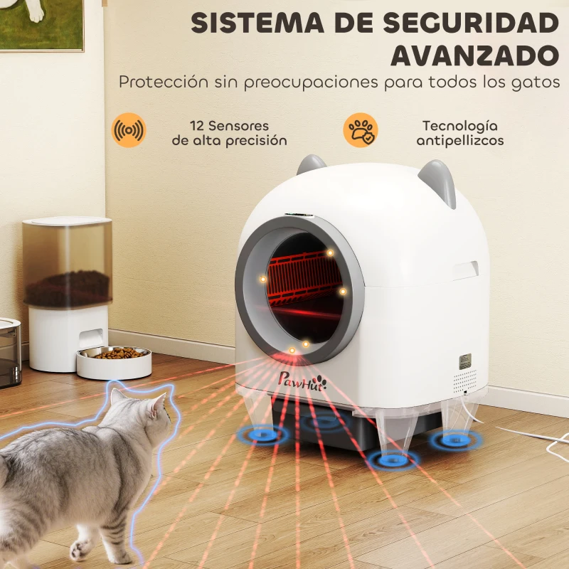 PawHut Arenero Gatos Autolimpiable 80L Eliminación de Olores Control de APP Protección de Seguridad 1 Rollo de Bolsas de Basura