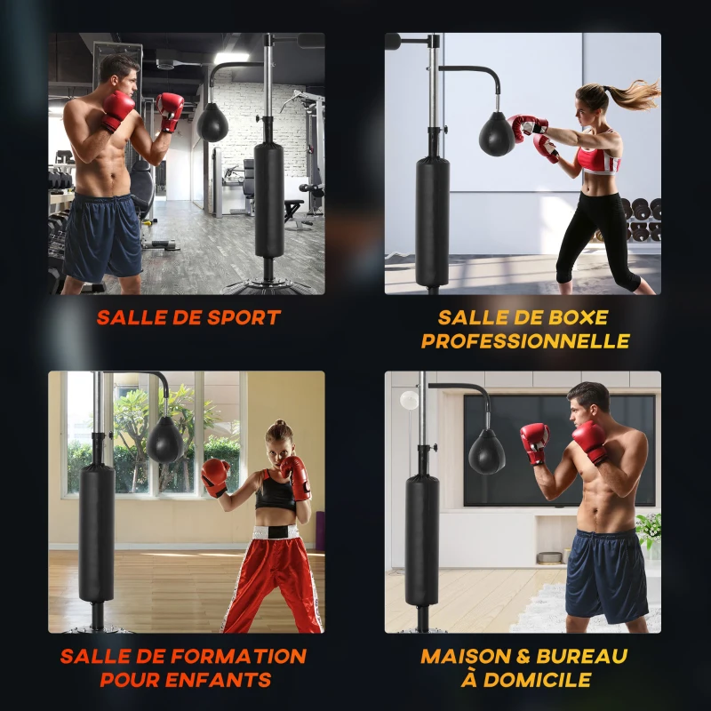 HOMCOM Sac de frappe sur pied 4 en 1, punching ball autonome 2 balles de vitesse barre rotative 360° gants hauteur réglable 160-230 cm, sac de boxe pour adultes, pour Boxe Muay Thaï Taekwondo, noir
