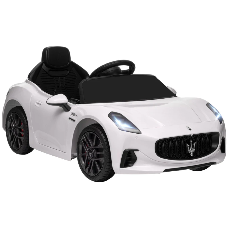 AIYAPLAY Coche Eléctrico Infantil Maserati Gran Turismo Folgore con Batería 12V Mando a Distancia Faros Bocina Música MP3 Blanco