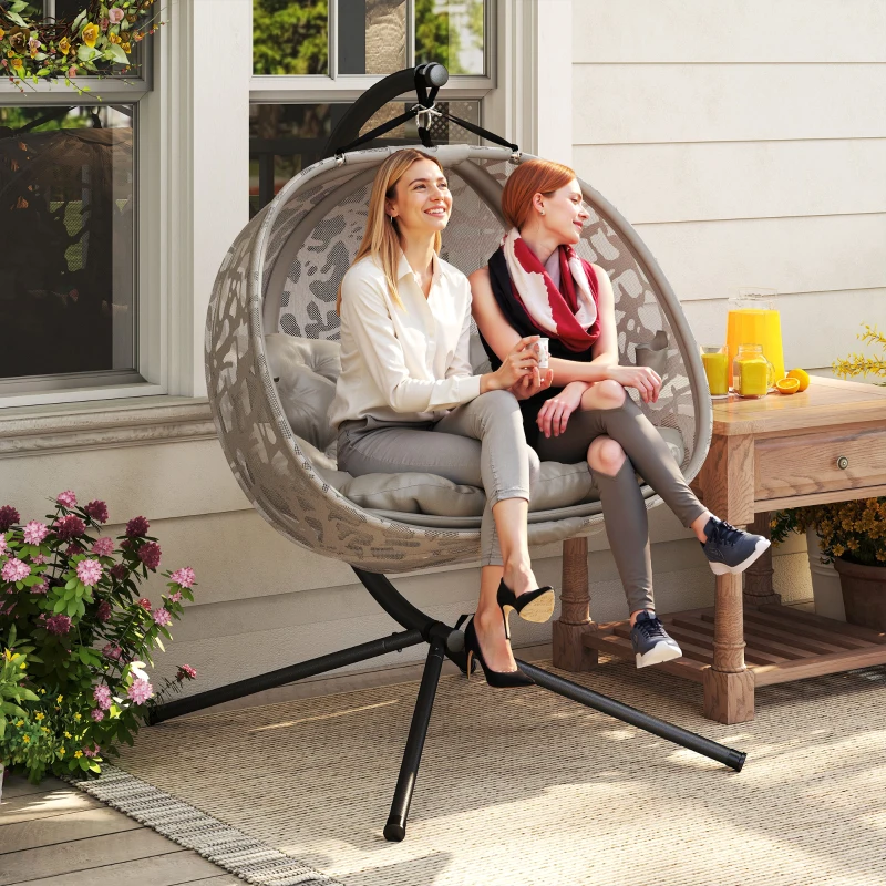 Outsunny Poltrona Sospesa 2 Posti con 2 Tasche, 2 Cuscini e Cesto Pieghevole, 130x103x172 cm