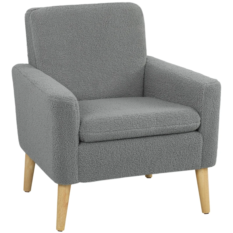 HOMCOM Armchair, Upholstered Accent Chair with Wood Legs and Wide Padded Seat, Teddy Occasional Chair, Grey