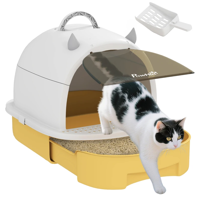 PawHut Caixa de Areia para Gatos Fechada com Tampa e Bandeja Amovíveis Filtro de Carvão e Pá 40,5x52x39 cm Branco e Amarelo