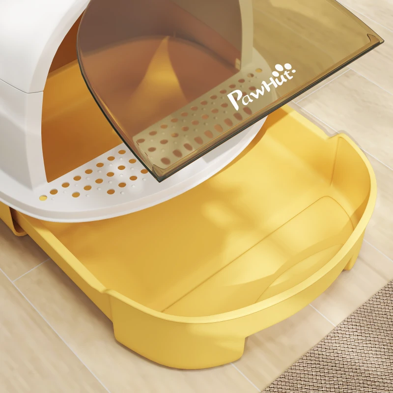 PawHut Caixa de Areia para Gatos Fechada com Tampa e Bandeja Amovíveis Filtro de Carvão e Pá 40,5x52x39 cm Branco e Amarelo