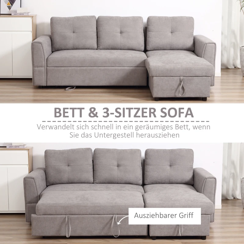 HOMCOM 3-Sitzer-Sofa mit Bettfunktion, Schlafsofa mit Chaiselongue, Polstersofa, Grau(m-4)
