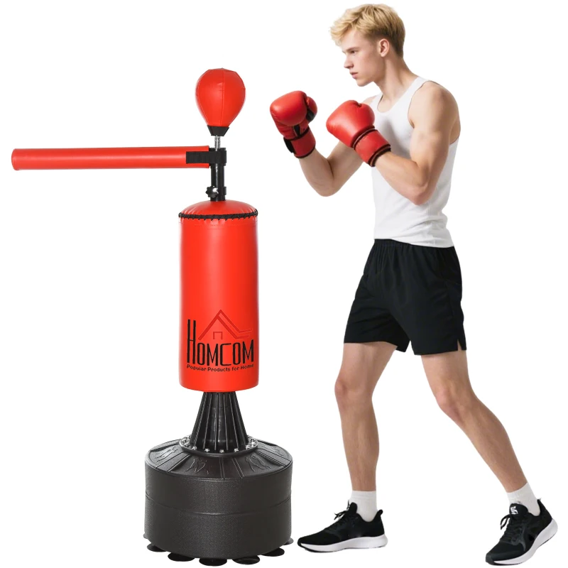 HOMCOM Sac de Box Ajustabil pe Înălțime, Bară Rotativă și Bază Umplută, 88x48x155-205 cm, Roșu