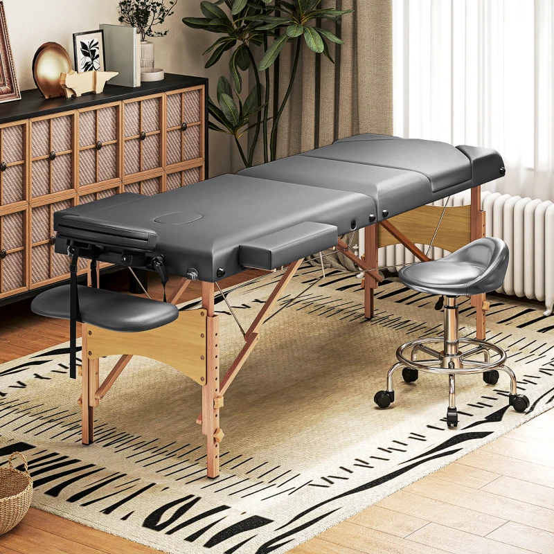 HOMCOM Marquesa de Massagem Dobrável Portátil com Altura Ajustável Apoio de Cabeça Apoios de Braço Acolchoados 215x60x64-89 cm Cinza
