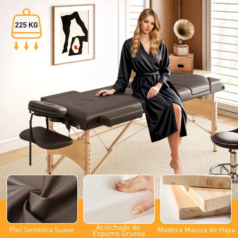 HOMCOM Camilla Masaje Plegable de Madera de 3 Zonas con Altura Respaldo Reposacabezas Ajustables Brazos 215x60x64-89 cm Marrón