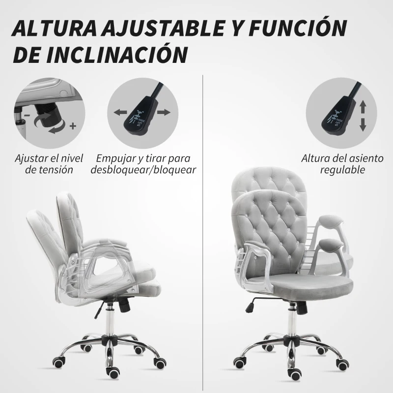 Vinsetto Silla de Escritorio de Terciopelo con Altura Ajustable Reposabrazos y Decoraciones de Diamantes 59,5x60,5x93-103 cm Gris