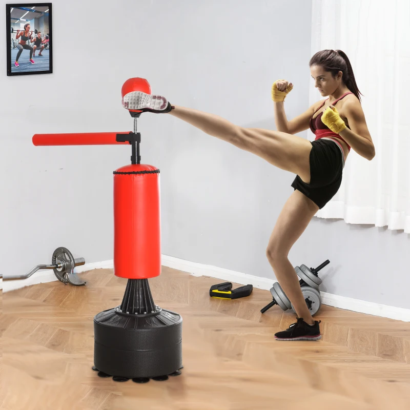 HOMCOM Standboxsack Boxtrainingsgerät mit Reflexball, 360°-Drehstange, Saugfuß, Sand/Wasser befüllbar, Stehend Boxassistent mit Handschuhe, Luftpumpe Training Boxsack 88 x 48 x 155-205 cm