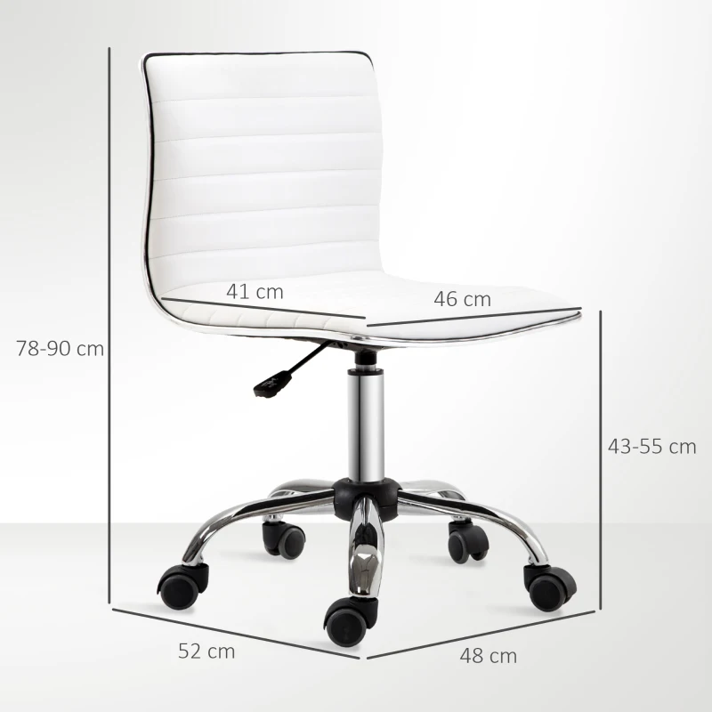 HOMCOM Cadeira de Escritório sem Apoio para os Braços Cadeira de Escritório Giratória com Altura Ajustável 48x52x78-90 cm Branco