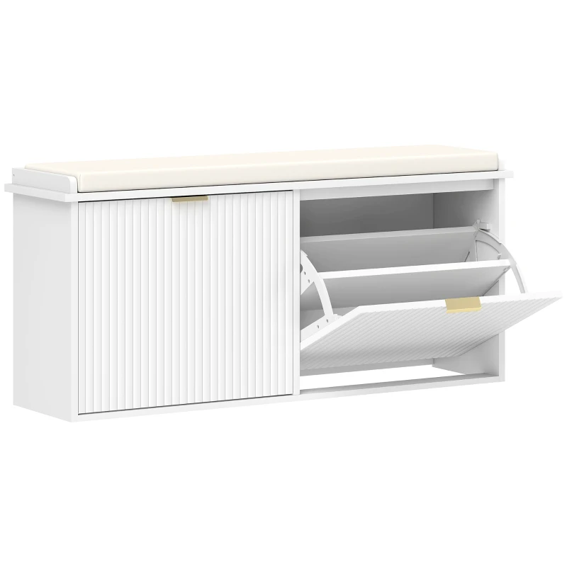 HOMCOM Banco Sapateira Móvel Sapateira Estreito com Assento Estofado 2 Caixas Rebatível e Painel de Ripas 104x26x47,5 cm Branco