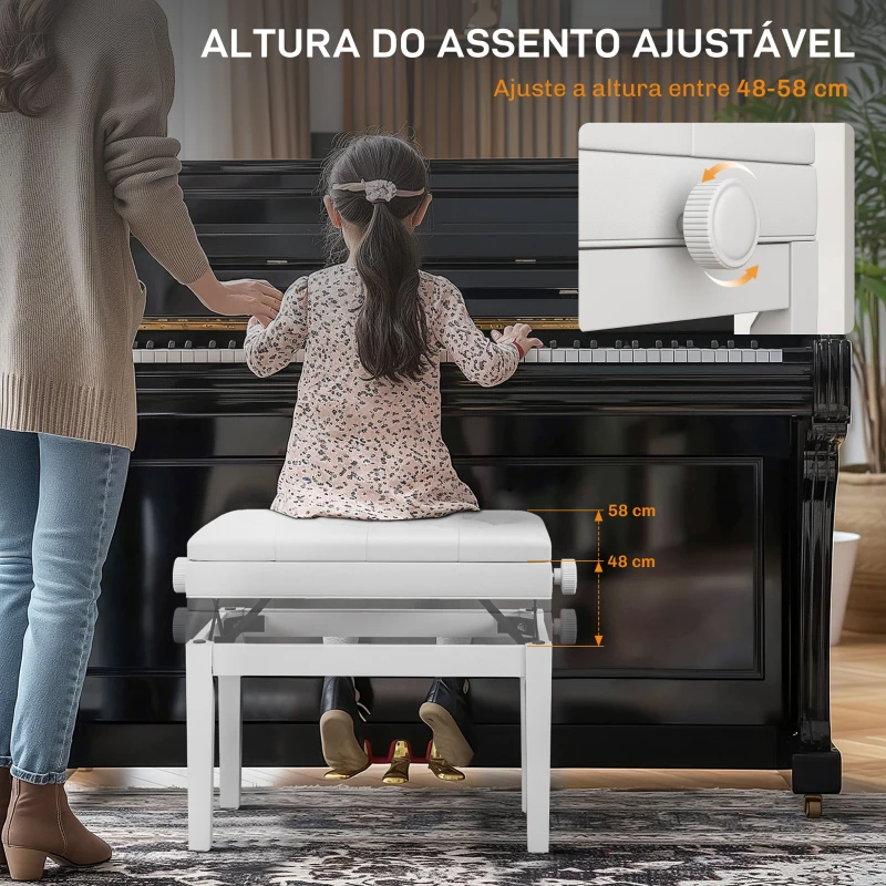 HOMCOM Banco de Piano com Espaço de Armazenamento e Altura Ajustável Carga 200 kg 54,5x33x48-58 cm Branco