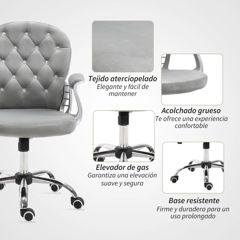 Vinsetto Silla de Escritorio de Terciopelo con Altura Ajustable Reposabrazos y Decoraciones de Diamantes 59,5x60,5x93-103 cm Gris