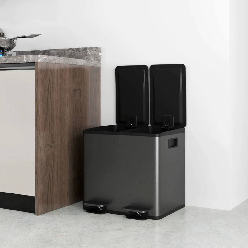 HOMCOM 30L Dual Compartment Stainless Steel Bin, with Deodoriser Holders - Black
