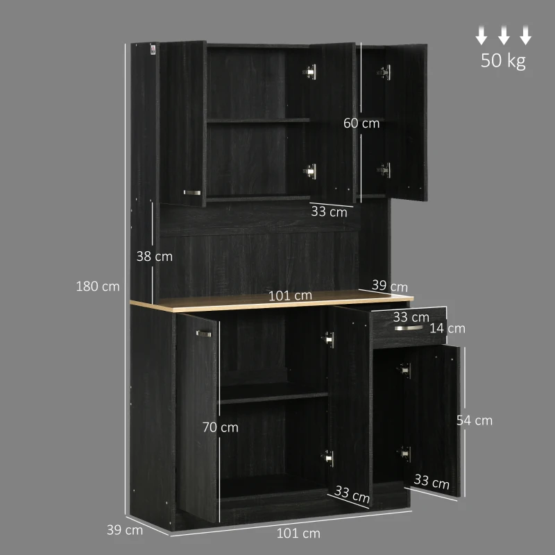 HOMCOM Armário de Cozinha Aparador de Sala de Jantar com 1 Gaveta 6 Portas e Prateleiras Ajustáveis Estilo Moderno 101x39x180 cm Preto e Madeira